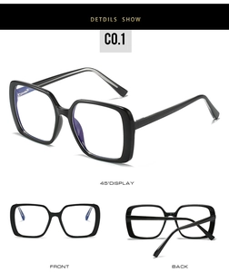 Detailed views of square black TR90 anti-blue light glasses frames from multiple angles