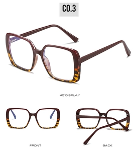 Three-view display of burgundy and leopard print square large frame blue light blocking glasses