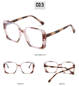 Macro views showing tortoiseshell pattern and blue light blocking lenses on square glasses