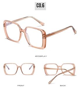 Three-angle view of transparent champagne oversized TR frame glasses with blue light blocking