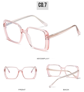 Detailed views of transparent pink oversized square glasses frames from three angles