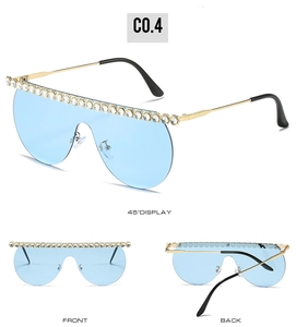 Detailed views of rimless blue shield sunglasses with sparkling white rhinestones