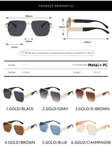 Detailed size guide and specifications chart for square metal frame sunglasses