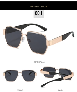 Detailed multi-angle views of rose gold geometric square sunglasses with dark grey lenses