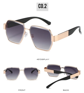 Three-way view of rose gold geometric square sunglasses with gradient grey lenses
