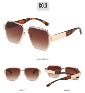 Three-view display of geometric square sunglasses with gold frames and gradient lenses