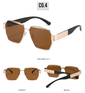 Three perspectives showing golden metal frame geometric sunglasses with dark brown lenses