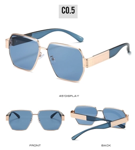 Detailed multi-angle view of gold metal sunglasses with blue lenses and model C0.5 code