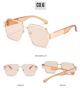 Detailed views of gold square sunglasses with orange lenses from front, back and 45 degree angle