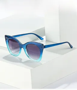Detail view of cat-eye sunglasses with blue gradient frame and purple lenses