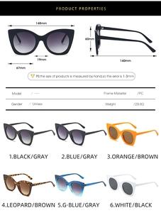 Detailed size chart and specifications for oversized cat-eye sunglasses with six colors