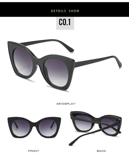 Three-angle views of black cat-eye sunglasses featuring purple gradient lenses