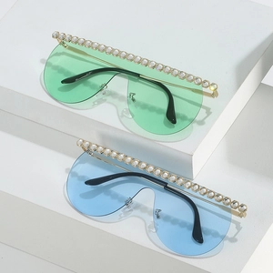 Oversized shield sunglasses with crystal rhinestone inlay and slim metal temples