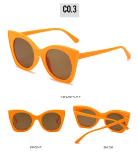 Three views of bright orange cat-eye sunglasses with dark brown lenses for women