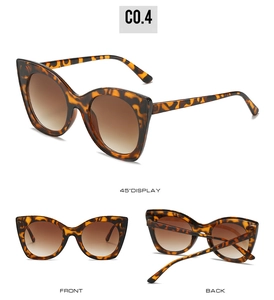 Three perspectives of cat eye sunglasses showing leopard frame and brown gradient lenses