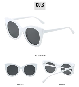 Detailed views of white cat-eye sunglasses featuring front, back and 45-degree angle shots