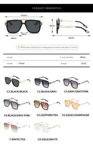 Tableau des tailles et spécifications techniques des lunettes de soleil carrées en métal