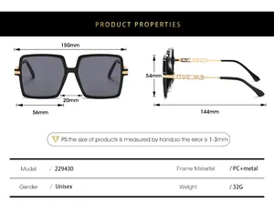 Detailed size chart for rimless square sunglasses with PC and metal frame specifications