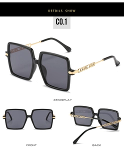 Multi-angle view of oversized square sunglasses with gold metal LOVE ME temple detail