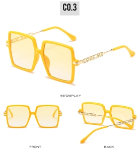 Detailed views of yellow square frameless sunglasses with gold Love Me metal temples