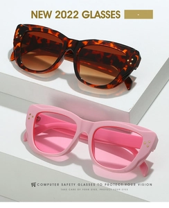 Close-up of cat-eye sunglasses with tortoiseshell and pink frames and metal rivets