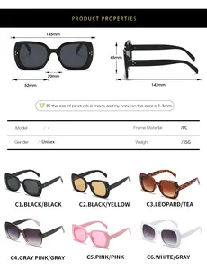 Detailed size chart for square sunglasses featuring frame width and lens dimensions