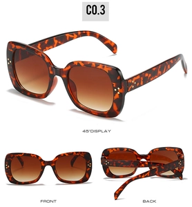 Three views of square tortoiseshell sunglasses with gradient lenses and metal rivet details
