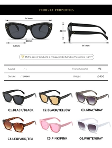 Detailed size chart and multi-color view of retro cat eye sunglasses with PC frame and lens