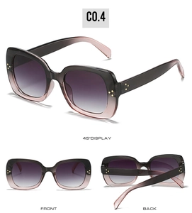 Detailed views of square gradient sunglasses with gold rivets on temples and frame