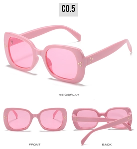Three views of pink square frame sunglasses featuring gold rivet accents on white background