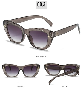 Detail view of transparent grey cat-eye sunglasses with gradient lenses and gold rivets