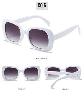 Three-view display of white square sunglasses with purple gradient lenses and gold rivets