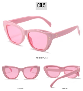 Pink cat-eye sunglasses with translucent frame and metal dot accents in multi-angle views