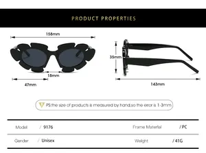Detailed sizing chart for floral sunglasses with precise frame and lens dimensions