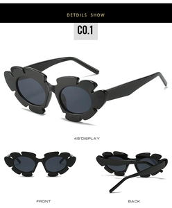 Detailed multi-angle views of black sunflower petal-shaped frame sunglasses with grey lenses