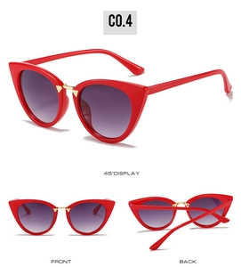 Three views of red cat-eye sunglasses with gradient lenses and gold bridge detail