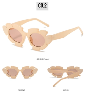 Detailed views of flower-shaped kids cat eye sunglasses with light brown lenses in beige