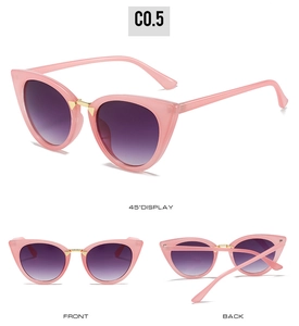 Three views of pink cat-eye sunglasses with purple gradient lenses and gold accents