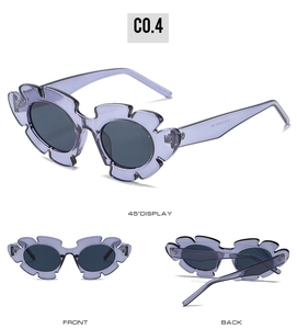 Multi-angle views of sunflower shaped purple sunglasses with dark grey lenses C0.4
