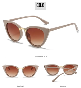 Detailed multi-angle views of nude cat-eye sunglasses with gradient lenses and gold accents