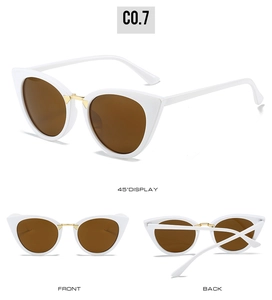 Multi-angle views of white cat eye sunglasses with gold bridge and brown lenses