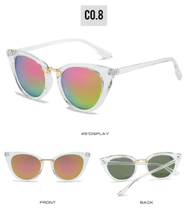 Detailed multi-angle views of transparent cat-eye sunglasses with rainbow gradient lenses