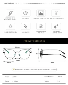 Detailed size specifications and lens features of lightweight retro metal eyeframe C8213