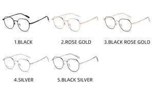 Detail view of five assorted metal round frame glasses in black, gold, and silver finishes