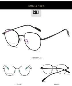 Detailed views of black round ultralight metal glasses frames with model C8213 details