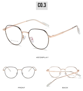 Detail view of retro round eyewear frame in rose gold and black showing model C8213