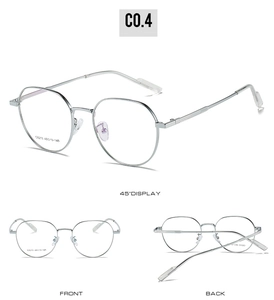 Detailed views of silver polygonal metal eyewear frames showing 49-19-145 size specs