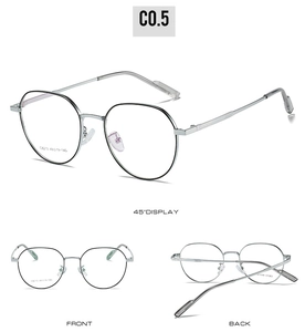 Detailed views of silver metal round frame glasses with model C8213 specifications