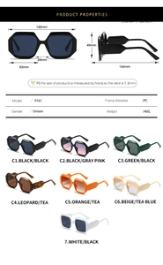 Detailed size chart and specifications for oversized polygon PC frame sunglasses
