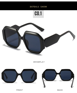 Three-angle view of oversized hexagonal sunglasses with thick frames and dark lenses